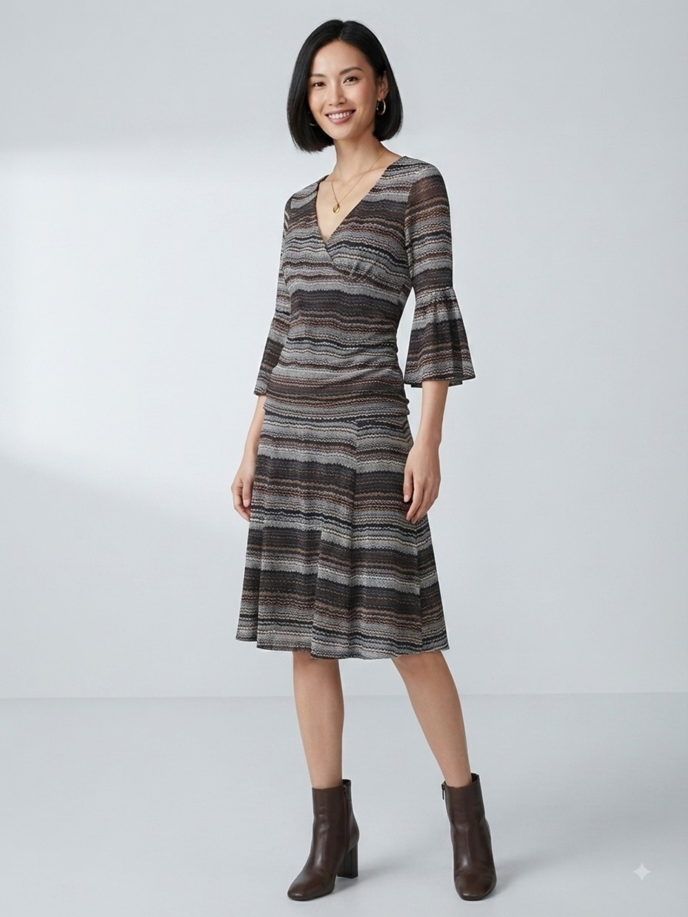 BCBGMaxAzria Chevron Brown and Gray Striped V-Neck Skirt Set